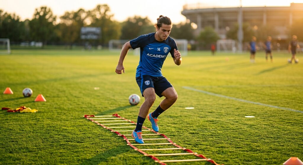 A professional, high-angle action shot of a focused young soccer player performing agility ladder dr