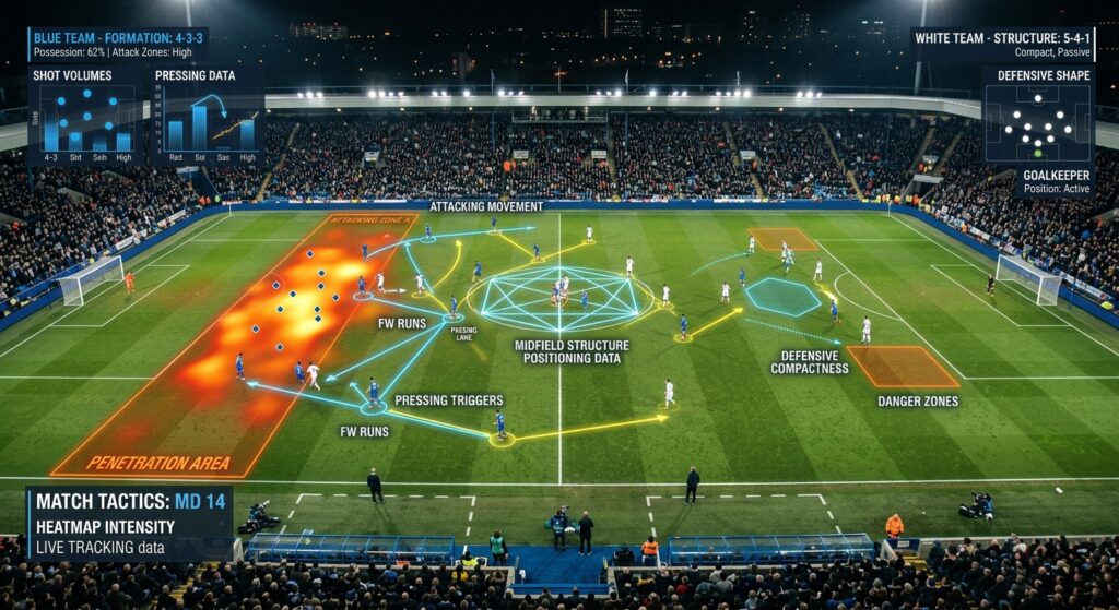 A professional, cinematic shot of a football pitch from a high-angle tactical perspective, featuring