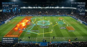 A professional, cinematic shot of a football pitch from a high-angle tactical perspective, featuring