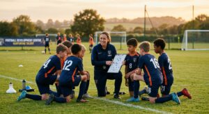 A cinematic, high-quality editorial shot of a professional youth soccer coach consulting with a focu