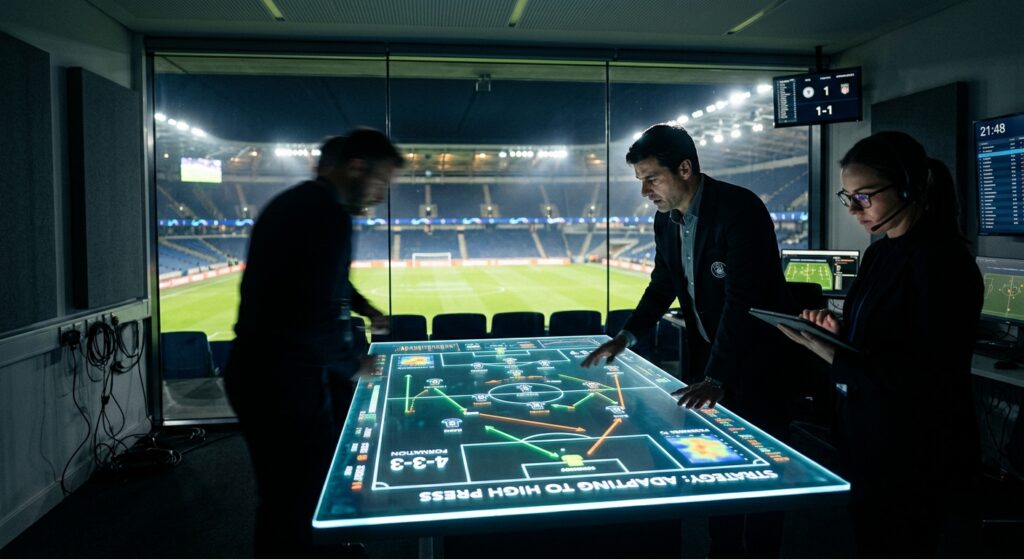 A professional editorial composition featuring a glowing digital tactical board displaying player fo