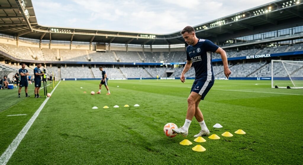 A professional, high-angle action shot of a soccer player practicing precise ball control on a lush,