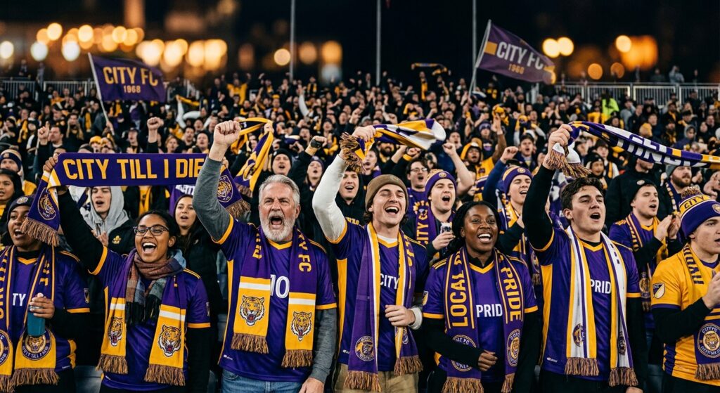A professional editorial photograph capturing a diverse group of passionate local fans in a stadium,