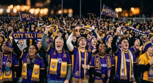 A professional editorial photograph capturing a diverse group of passionate local fans in a stadium,
