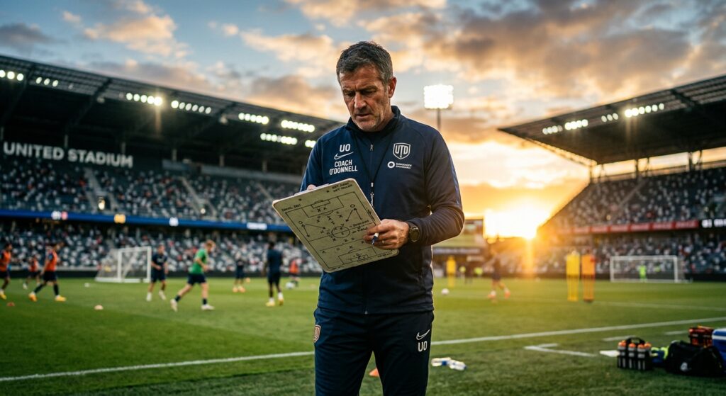 A professional editorial still of a football coach standing on the pitch during a sunset training se