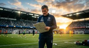 A professional editorial still of a football coach standing on the pitch during a sunset training se