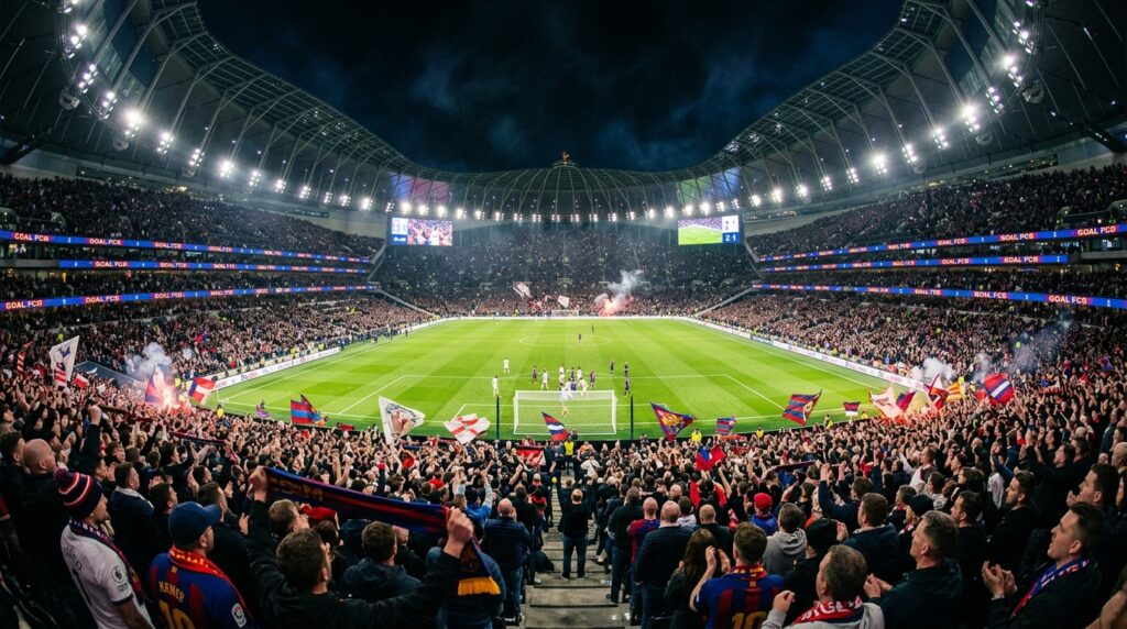 A wide-angle, professional editorial shot of a roaring, massive modern football stadium filled with