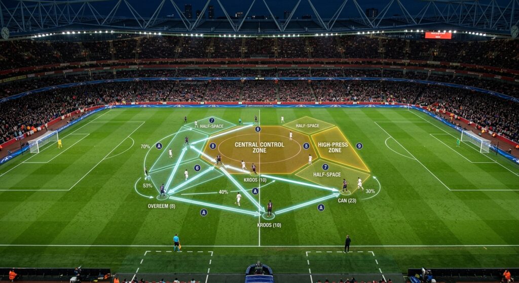 A professional editorial photograph of a football pitch from an overhead tactical perspective, featu