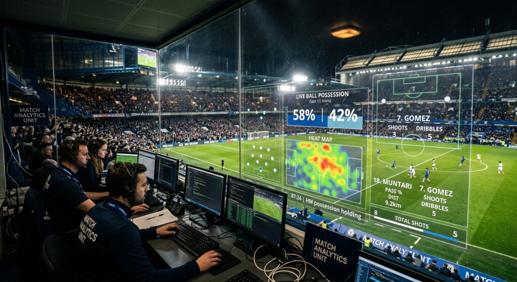 A high-end editorial shot of a stadium pitch at night with a transparent digital tactical overlay di