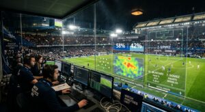 A high-end editorial shot of a stadium pitch at night with a transparent digital tactical overlay di