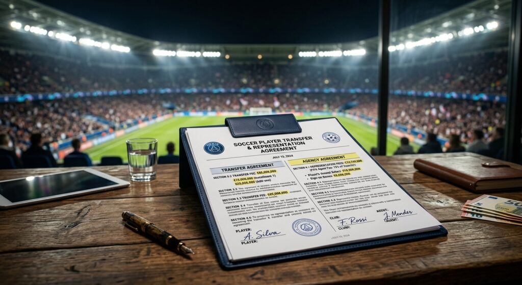 A professional high-end editorial image featuring a stylized soccer contract document on a desk, blu