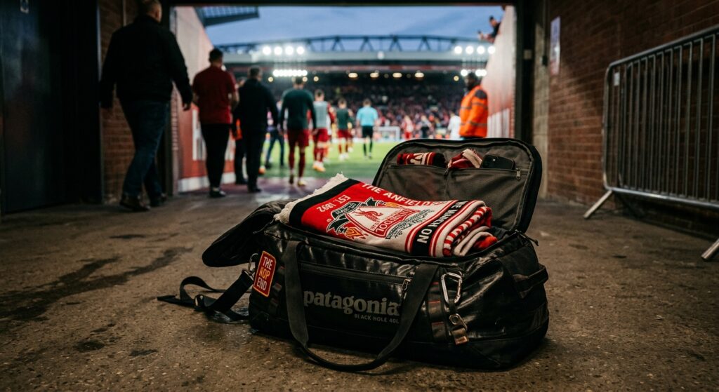 A professional editorial photograph of a folded football supporters' flag carefully packed inside a