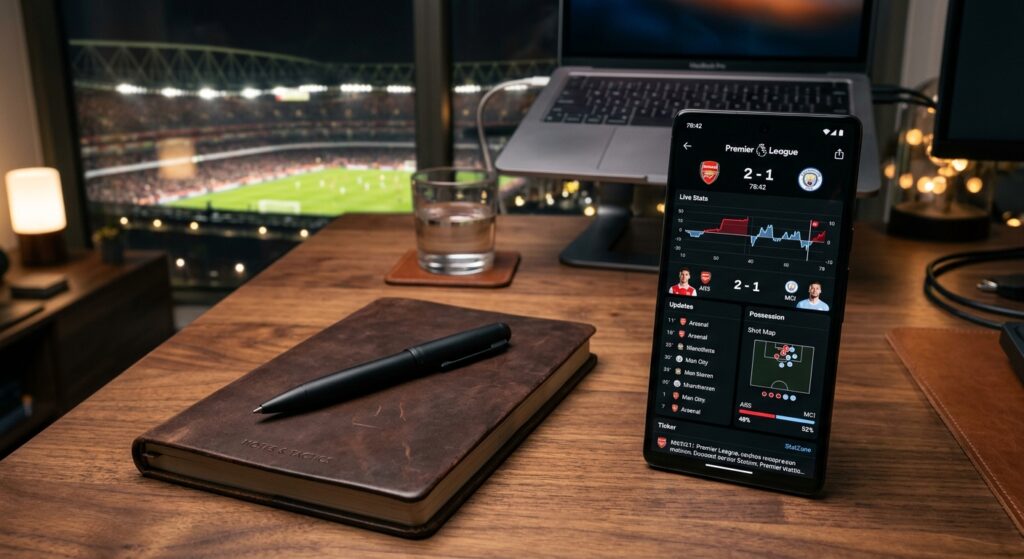 A professional, high-angle editorial shot of a sleek smartphone displaying live football statistics