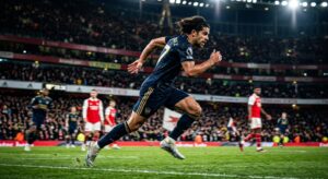 A hyper-realistic, cinematic shot of a professional soccer player intensely sprinting during a match