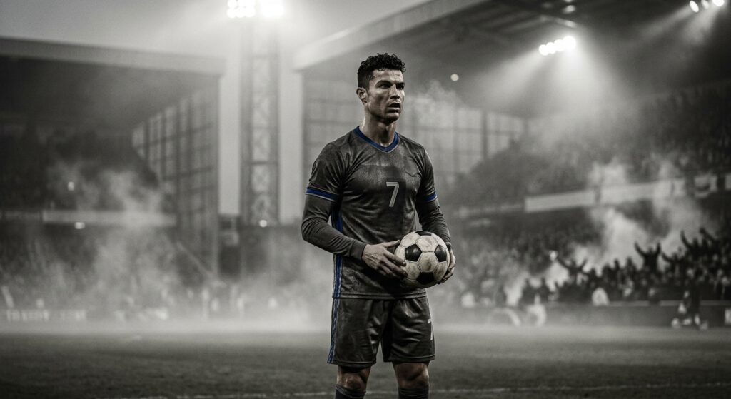 A dramatic, high-contrast cinematic shot of a legendary football player standing in the center of a