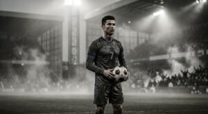 A dramatic, high-contrast cinematic shot of a legendary football player standing in the center of a