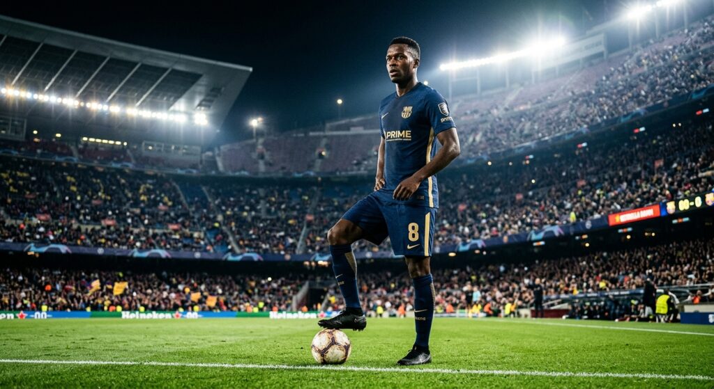 A professional editorial-style photograph of a focused soccer player in a modern jersey standing on