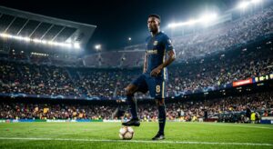 A professional editorial-style photograph of a focused soccer player in a modern jersey standing on