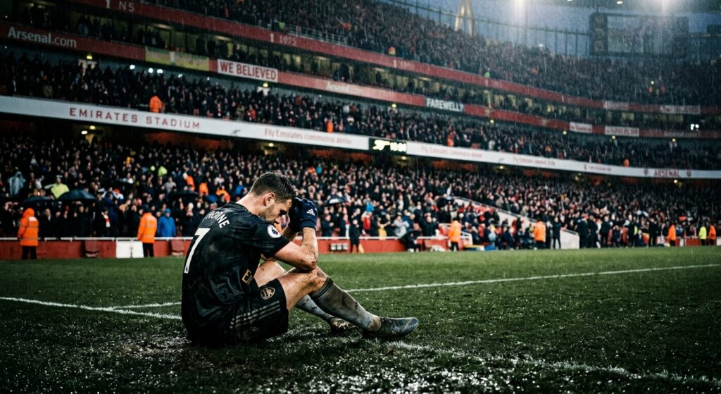 A cinematic, high-contrast editorial shot of a dejected professional footballer sitting alone on a r