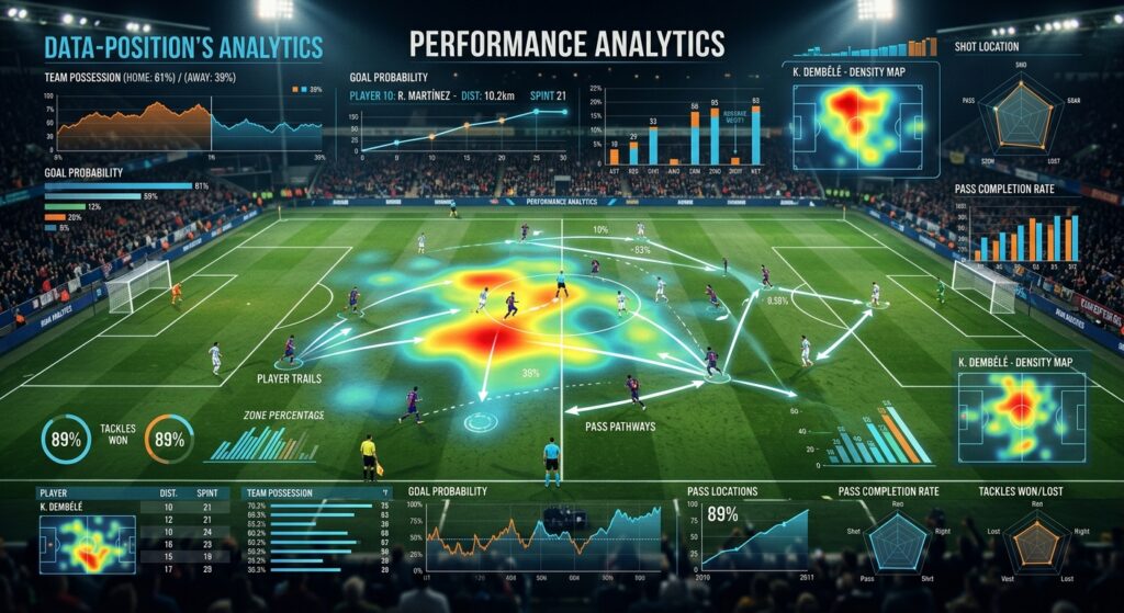 A professional, editorial-style conceptual image of a football pitch overlayed with complex data vis