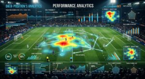 A professional, editorial-style conceptual image of a football pitch overlayed with complex data vis