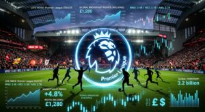 A professional editorial composition featuring a glowing Premier League logo placed at the center of