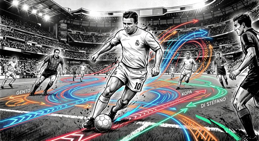 A dynamic, high-contrast, editorial-style illustration of Ferenc Puskás in his iconic white Real Mad
