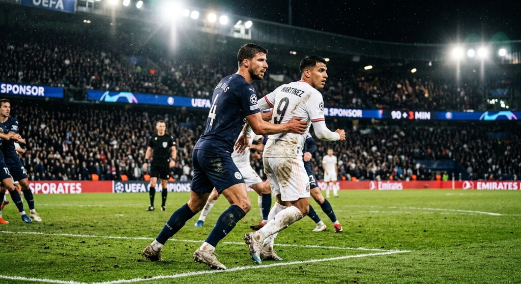 A cinematic, editorial-style shot of a focused football defender intensely marking an opponent near