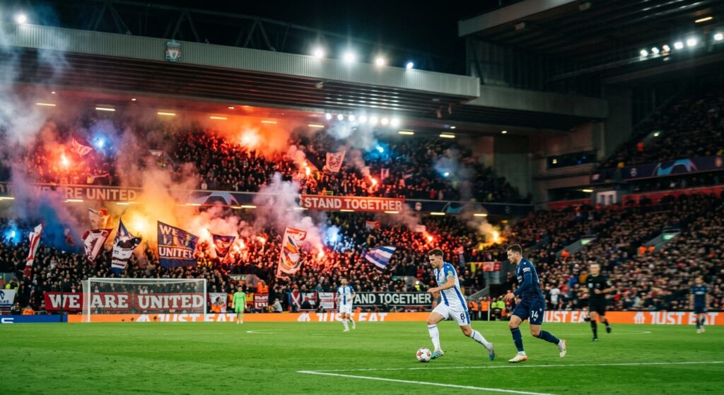 A high-quality, professional editorial photograph of a football stadium at night, capturing the dram