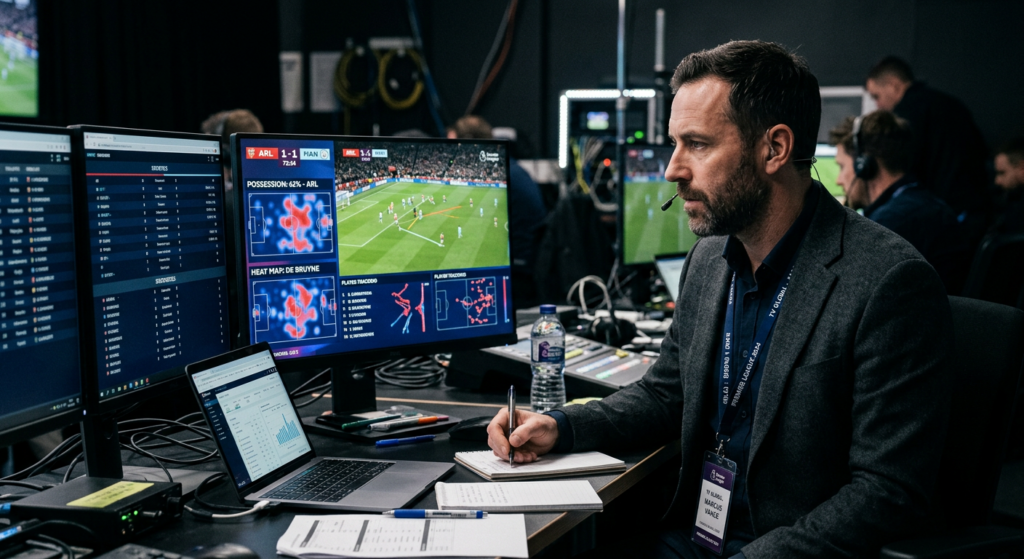 A professional editorial shot of a focused football analyst observing a live match on multiple monit