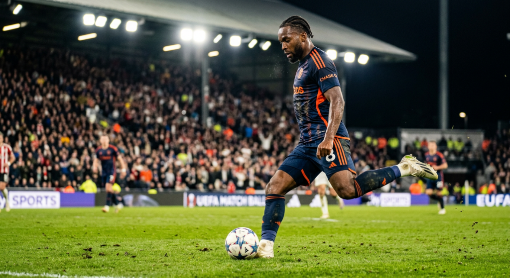 A cinematic close-up shot of a focused professional football player preparing to strike the ball dur