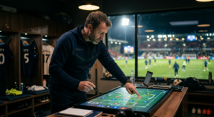 A professional editorial-style shot of a football coach intensely analyzing a digital tactical board
