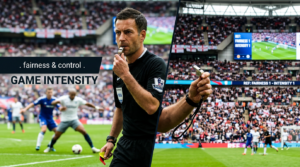 Professional editorial photo of a focused football referee holding a whistle on a pitch, with a blur