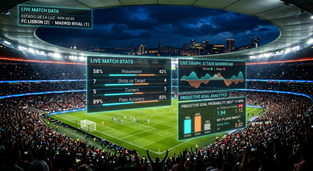 A cinematic, professional shot of a modern stadium at night with a glowing digital overlay of live f