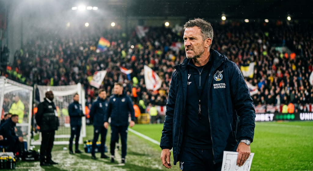 A professional editorial photograph of a football coach standing on the sidelines during a match, ca