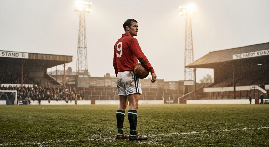 A cinematic, high-contrast editorial portrait of a vintage legendary footballer in a classic kit, st