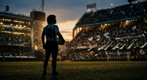 A cinematic, high-contrast portrait of Diego Maradona silhouetted against a softly lit, historic sta
