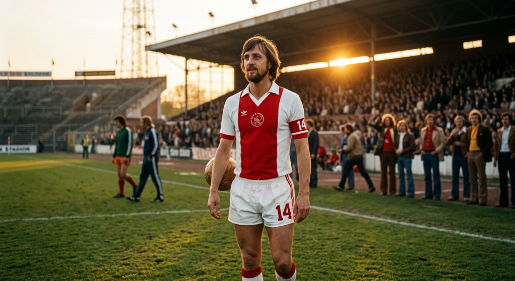 A professional editorial portrait of Johan Cruyff in a classic 1970s Ajax kit, captured in a dramati