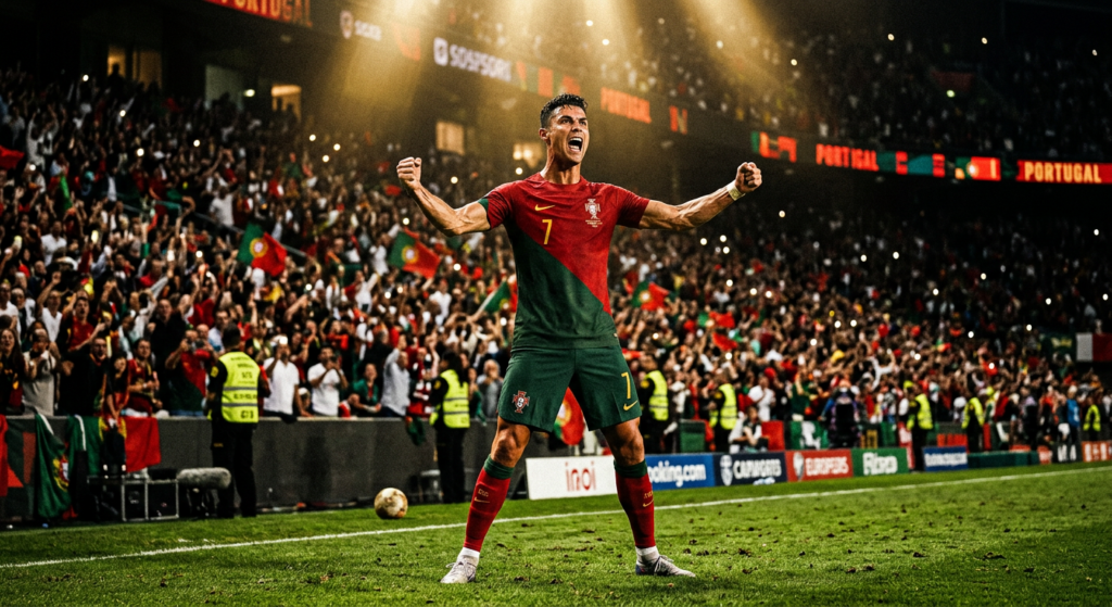 A cinematic, high-contrast editorial portrait of Cristiano Ronaldo celebrating a goal in a packed st
