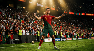 A cinematic, high-contrast editorial portrait of Cristiano Ronaldo celebrating a goal in a packed st
