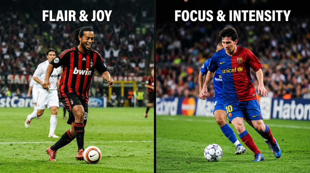 A professional editorial split-screen image juxtaposing Ronaldinho’s flair and iconic smile with Lio