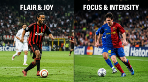 A professional editorial split-screen image juxtaposing Ronaldinho’s flair and iconic smile with Lio