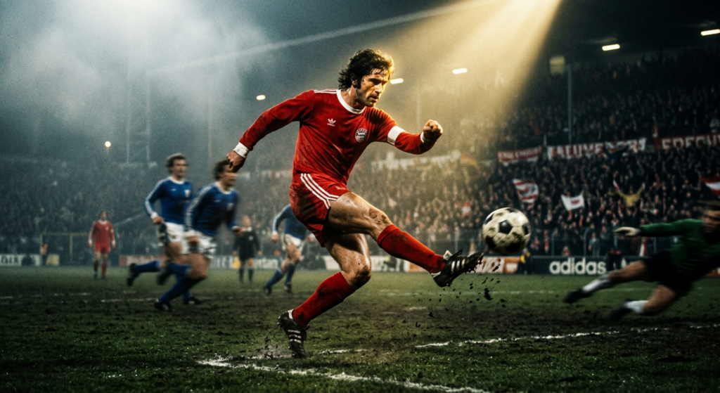 A cinematic, high-contrast action shot of Gerd Müller in a classic 1970s football kit, captured mid-