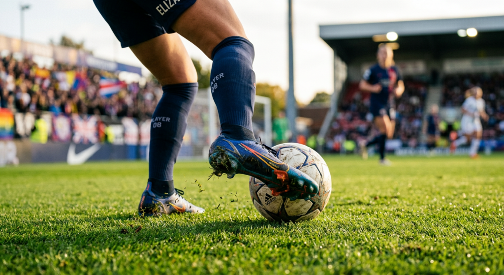 A professional editorial photograph of a football player’s boots focusing on ball control and precis