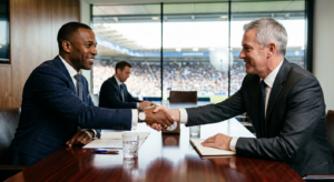 A professional, editorial-style close-up of a sharp-suited sports agent shaking hands with a footbal