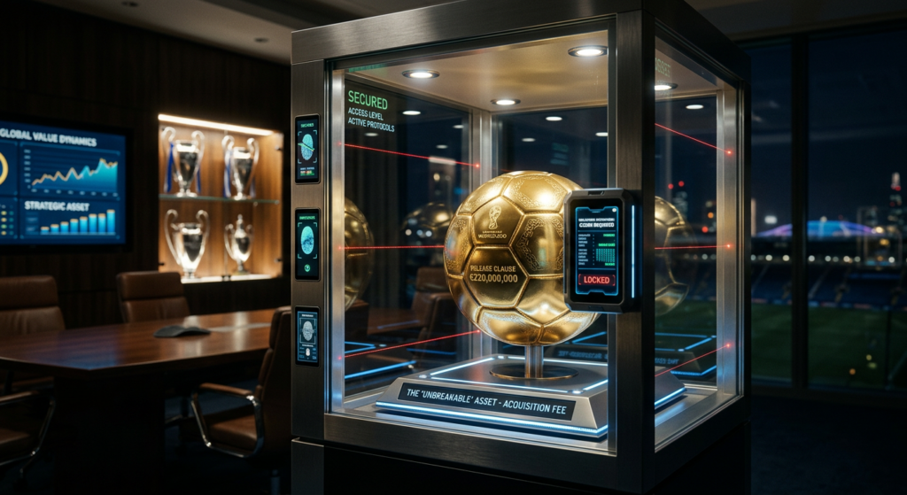 A professional, cinematic shot of a golden football locked inside a high-tech glass display cabinet,