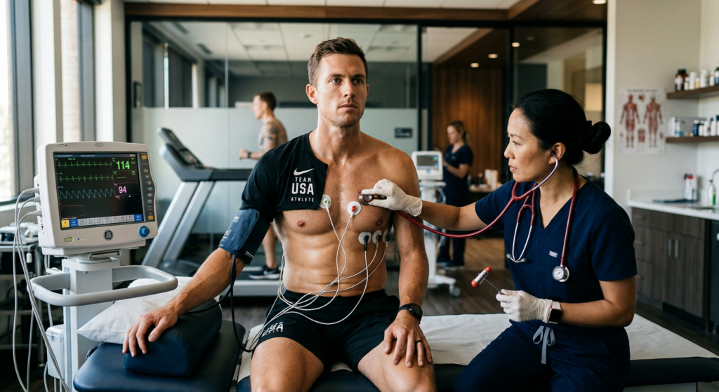 A professional, editorial-style photograph of a focused athlete undergoing a heart rate and physical