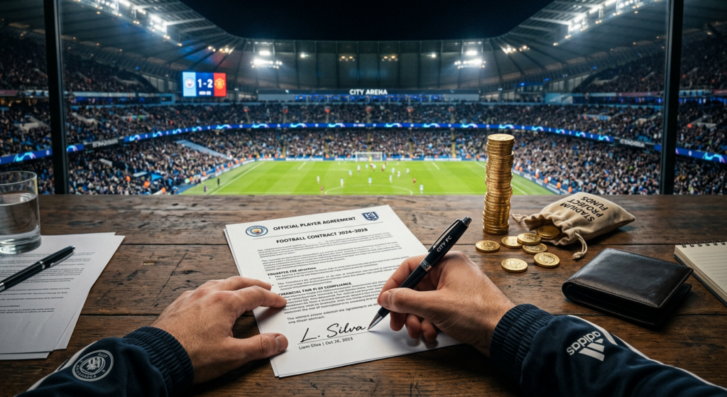 A professional, high-angle editorial shot of a soccer contract being signed on a desk next to a stac