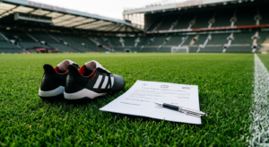 A professional editorial-style photograph featuring a pair of clean football boots resting on a pris