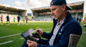 A professional cinematic shot of a football scout using a high-tech tablet to analyze player stats o